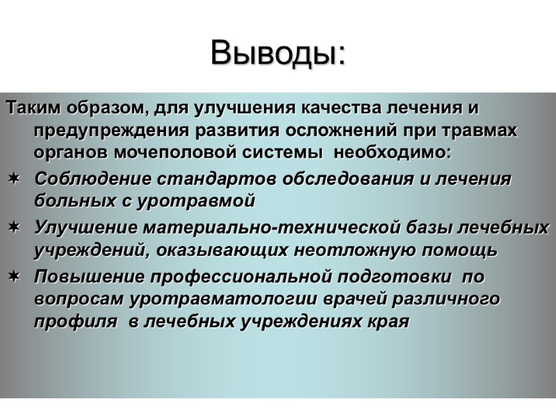 Выводы: Таким образом, для улучшения качества лечения и предупреждения развития осложнений при травмах органов
